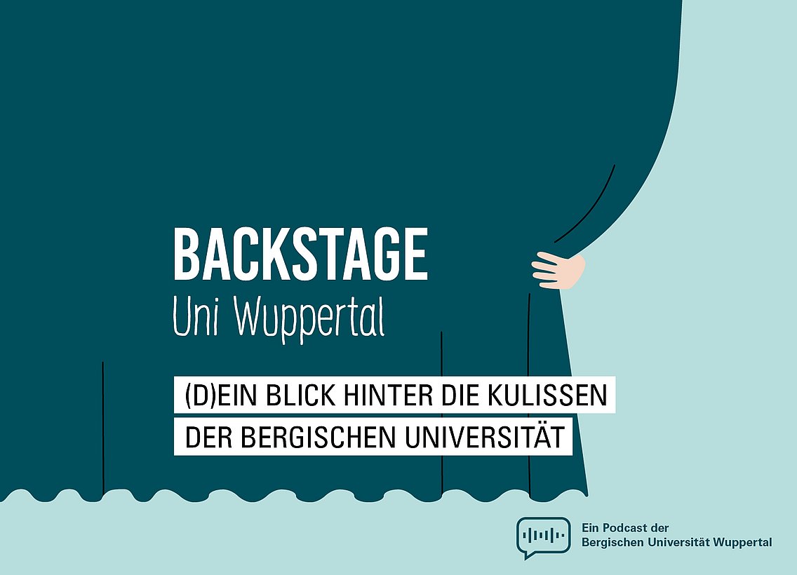 Eine Grafik zum Podcast Backstage Uni Wuppertal mit einer Hand, die einen Vorhahng zur Seite zieht. 