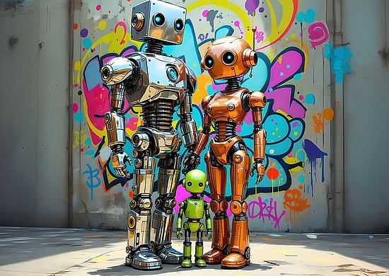 Retroroboter Familie vor einer Graffitiwand.