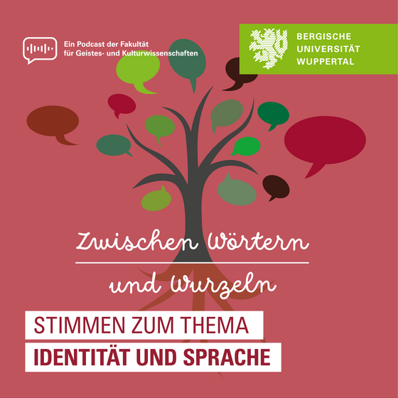 Eine Grafik mit einem Baum vor rotem Hintergrund. Der Baum hat statt Blättern Sprechblasen und symbolisiert so den Titel des linguistischen Podcasts zwischen Wörtern und Wurzeln